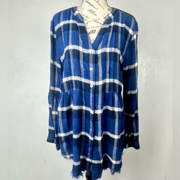 Anthropologie | HOLDING HORSES button up roll tab fringe hem blue plaid country - Picture 2 of 16